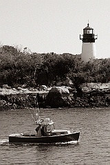 Lobsterboat Passes by Ten Pound Island Light - Sepia Tone